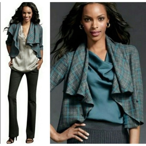 CAbi Jackets & Blazers - Cabi Court Plaid Blazer Women 10 Grey Blue Tartan 916 Shawl Collar Dark Academia
